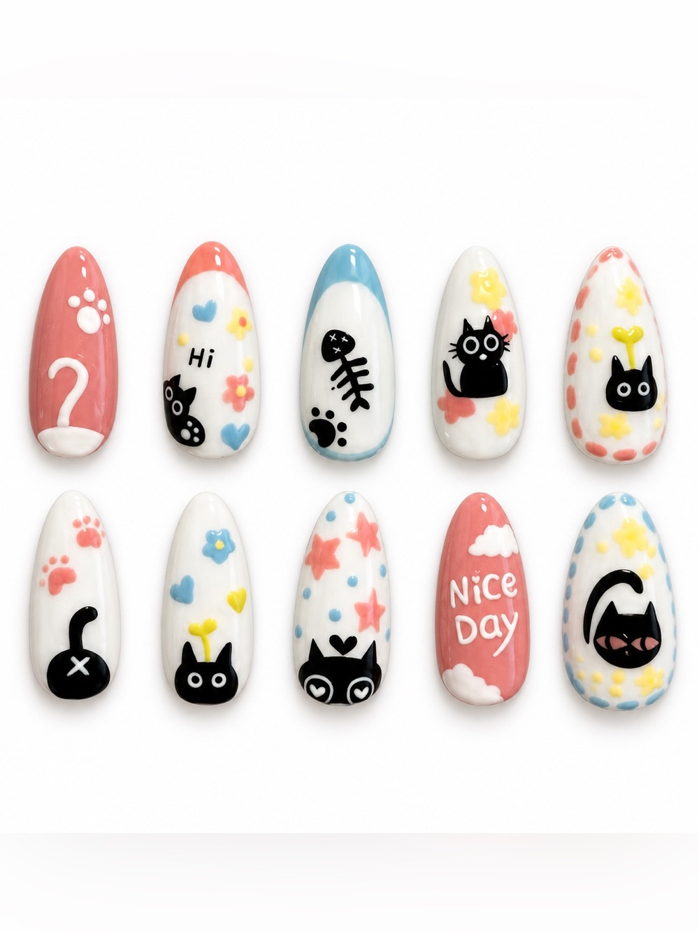 Cute Cat Nail Art Set - Pink, Blue, White